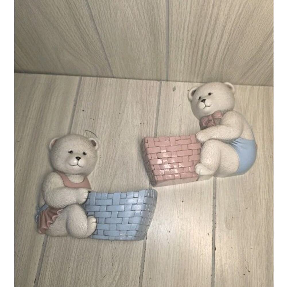 Vintage Homco Teddy Bear Wall Pockets Baby Nursery Wall Decor Blue Pink